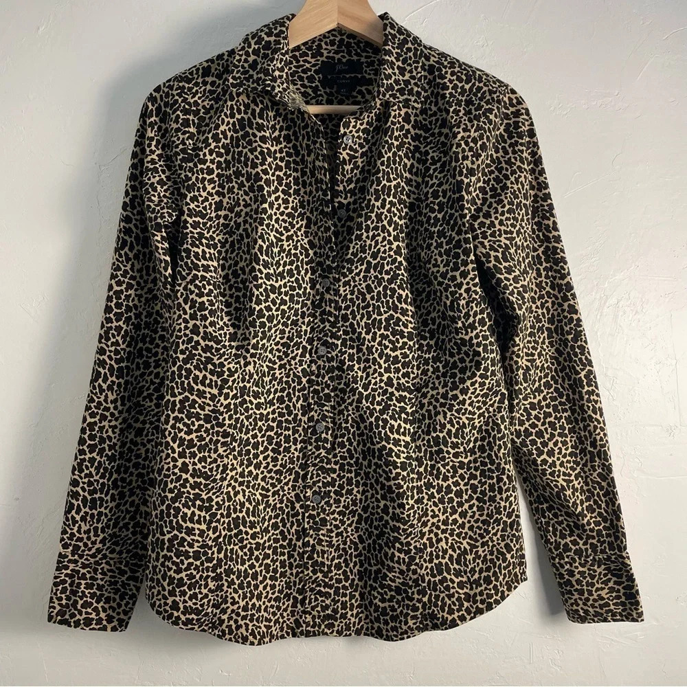 J Crew Curvy Leopard Print Button Up Blouse 4T Cotton Long Sleeve Office Career